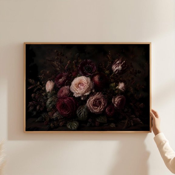 Dark Floral Still Life Wall Art Print, Burgundy Baroque Roses Berries Decor