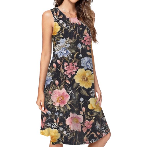 Dark Floral Textile Beautiful Blooms Pattern Dress Loose Women'S Dress Beach Dresses With Pockets Dresses For Womens