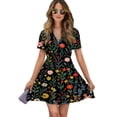 thumbnail image 1 of Dark Floral Textile Beautiful Design Women Dress V-Neck Short Sleeve Flowy Swing Party Midi Dress, 1 of 4