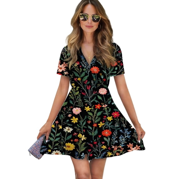 Dark Floral Textile Beautiful Design Women Dress V-Neck Short Sleeve Flowy Swing Party Midi Dress