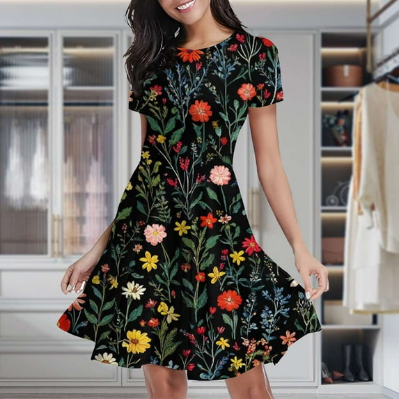 Dark Floral Textile Beautiful Design Women's Classic Swing Skater Dress Casual Work Party Cocktail Dresses