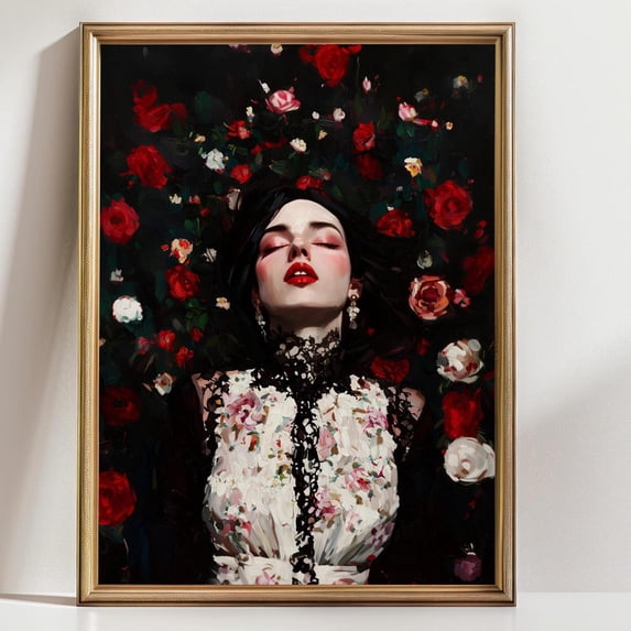 Dark Floral Woman Portrait Wall