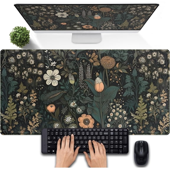 Dark Flower Desk Mat Floral Plants Mouse Pad, Aesthetic Wildflowers Large Gaming Mousepad Desk Pad, XXL Keyboard Mouse Mat Full Desktop Mat Women Office Desk Accessories Cover Mat 31.5"x15.75"