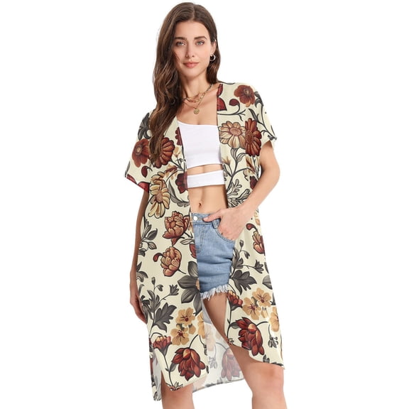 Dark Flowers Floral Women Swimsuit Cover up V Neck Beach Dress Short Sleeve Vacation Outfits Swimwear