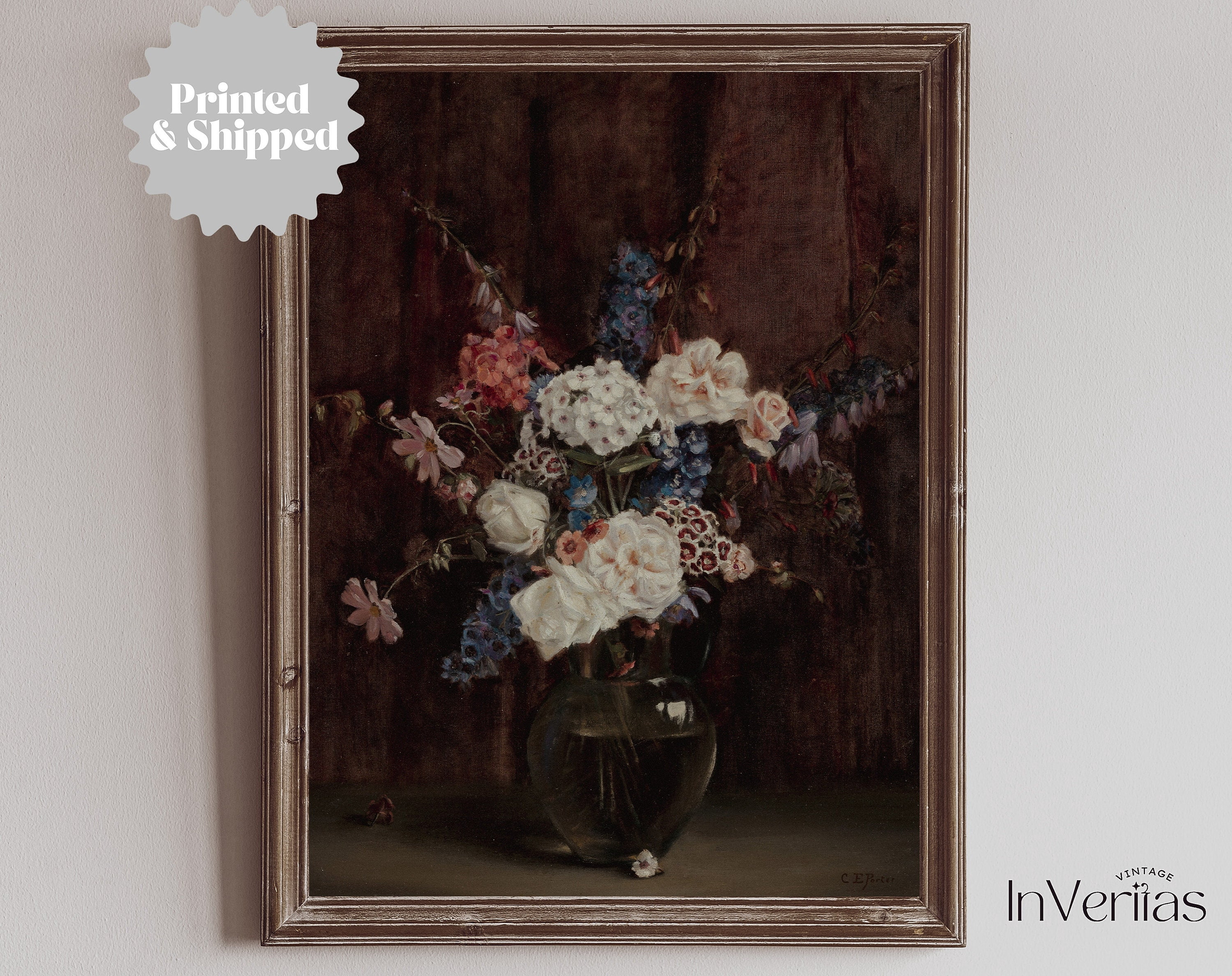 Dark Flowers In A Vase Vintage Still Life Painting Moody Decor Home ...
