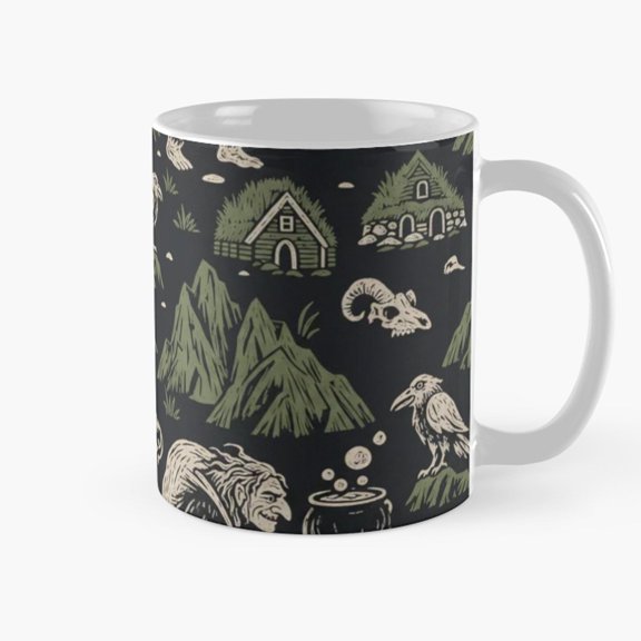 Dark Folklore Mountains, Cabins, Raven and Ram Skull 11oz Ceramic Mug