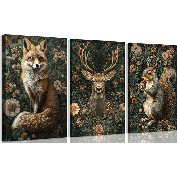 Dark Forest Animal Canva Wall Art Vintage Fox Deer Squirrel Painting Picture Wall Decor Victorian Gothic Botanical Flower Poster Print Artwork for Living Room Bedroom Home Decoration