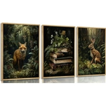 Dark Forest Animal Canvas Wall Art Vintage Fox Rabbit Books Painting Picture Wall Decor Victorian Gothic Botanical Flower Poster Print Artwork for Living Room Bedroom Home Decoration