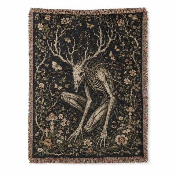 Dark Forest Antlered Creature Black and Earth Tone Woven Throw Blanket, Woven Cotton with Fringed Edges, Gothic Floral Home Decor