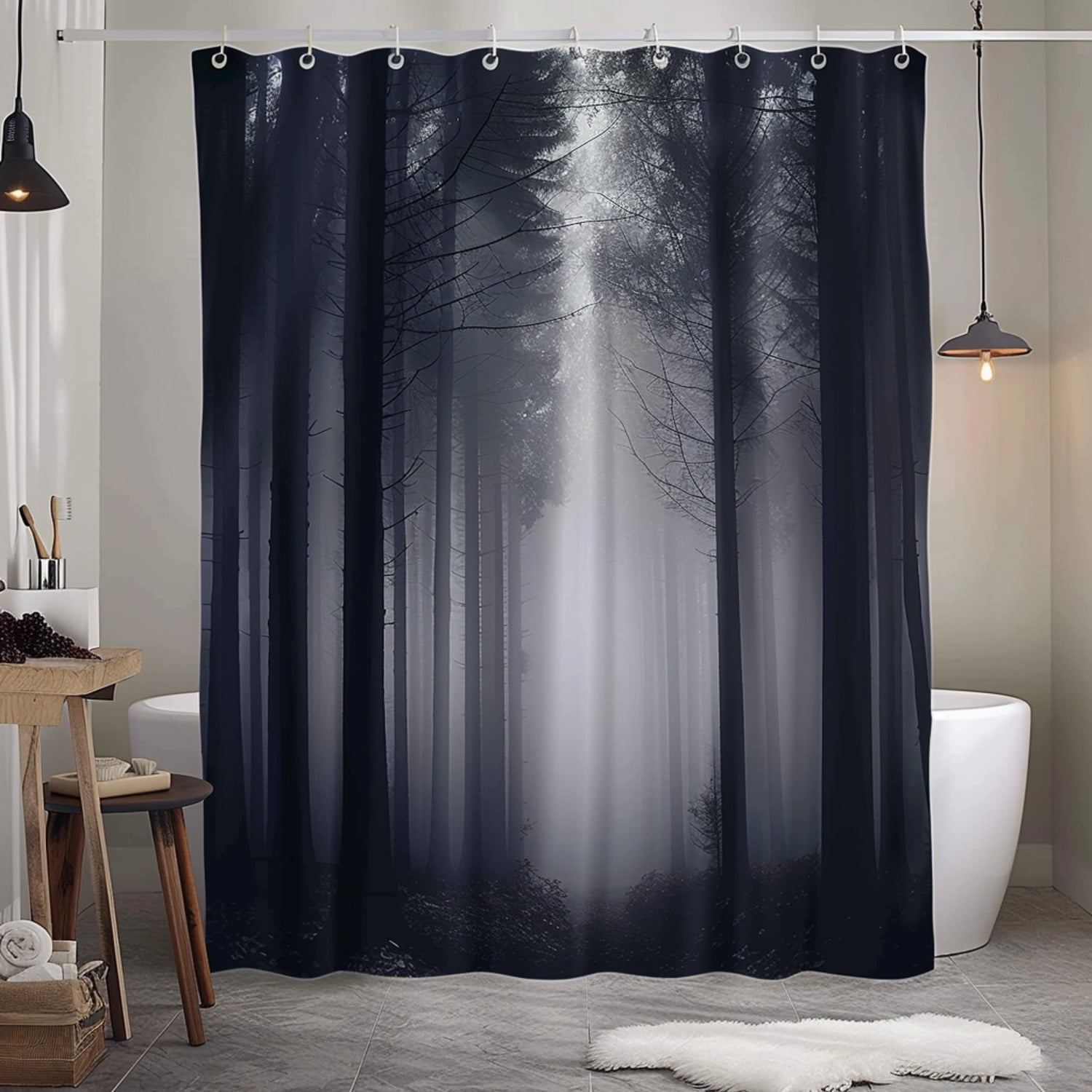 Dark Forest Bathroom Curtain with White Bathtub and Wooden Tables High Quality Black Fabric ...