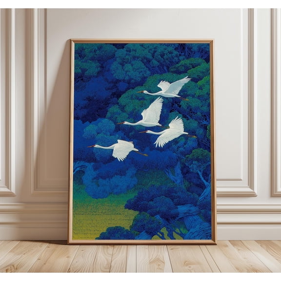 Dark Forest Crane Birds Art Deep Blue Nature Japanese Woodblock Art, Unframed Poster