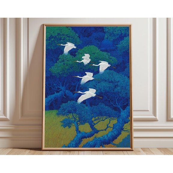 Dark Forest Crane Birds Wall Art Print, Unframed Paper Poster 24x36in