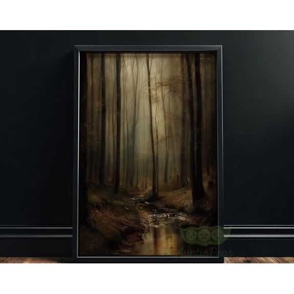 Dark Forest Creek Woodland Landscape Wall Art Print, Unframed Paper Poster 24x36in