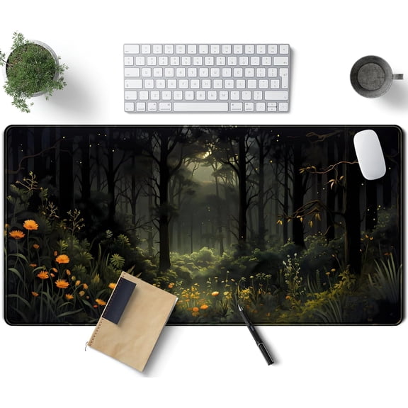 Dark Forest Desk Mat Mouse pad, Green Nature Deskmat XXL Large Extended Aesthetic Plant Mousepad Gaming Desk Pad, Big Laptop Computer Keyboard and Mouse Mat for Women Office Desk Decor 31.5x15.7 in