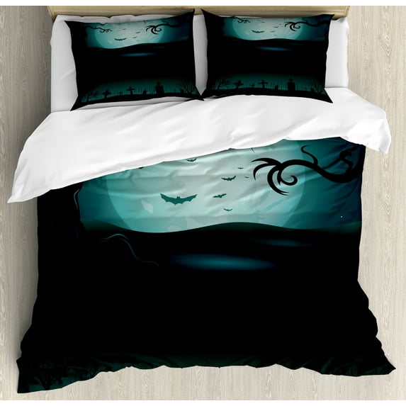 Dark Forest Duvet Cover Set, Creepy Trees Scene Halloween Themed Concept in the Graveyard, Decorative 3 Piece Bedding Set with 2 Pillow Shams, King Size, Dark Teal and Charcoal Grey, by Ambesonne