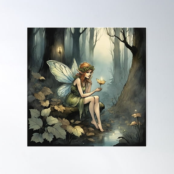 Dark Forest Fairy Tail Sitting Alone Holding Leaf Poster Wall Art, Modern Wall Decor For Living Room Bedroom, 16x16 UNFRAMED