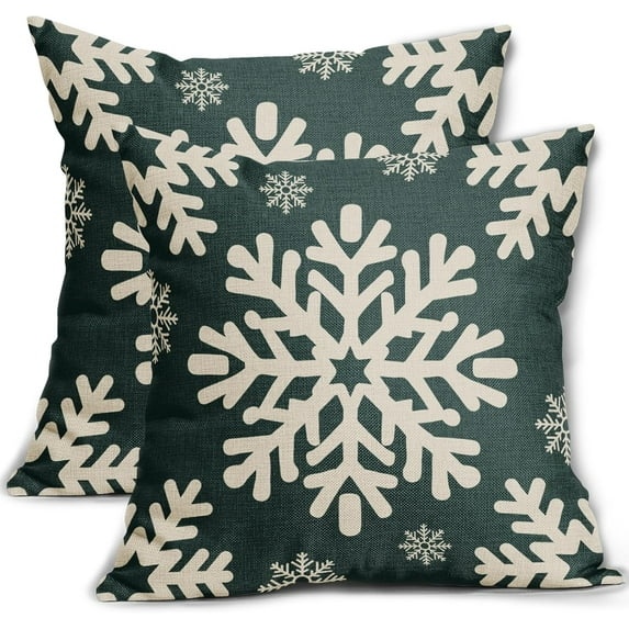 Dark Forest Green Christmas Pillow Covers 20x20 Inch Set of 2, Xmas Snowflakes Rustic Winter Themed Decorative Throw Pillow Cases Outdoor Linen Cushion Covers Seasonal Farmhouse Sofa Couch Bed Decor