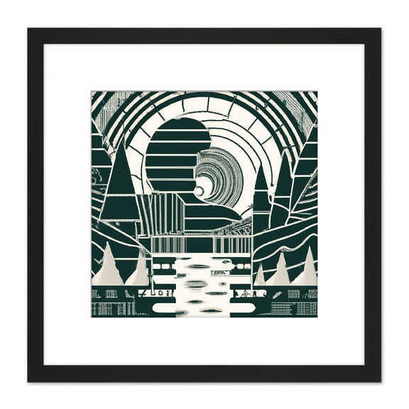 Dark Forest Green Cream Geometric Abstract Painting Square Wooden Framed Wall Art Print Picture 8X8 Inch