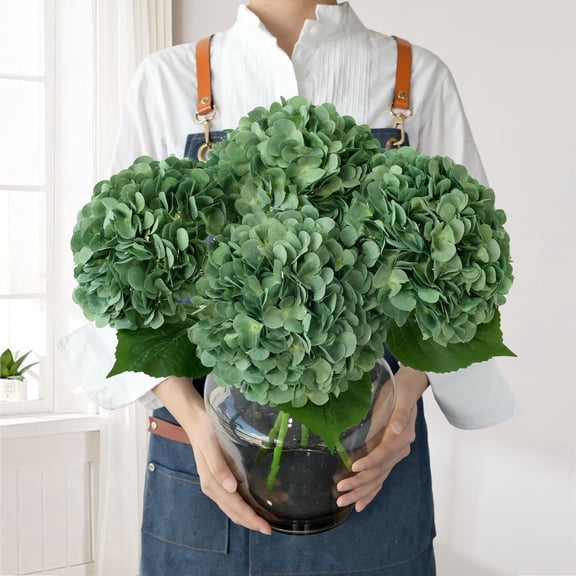 Dark Forest Green Silk Hydrangea Artificial Flowers, 4Pcs 22Inch Full Fake Artificial Hydrangeas with Stems for Bouquet Table Centerpieces Home Decoration Porch Outdoor