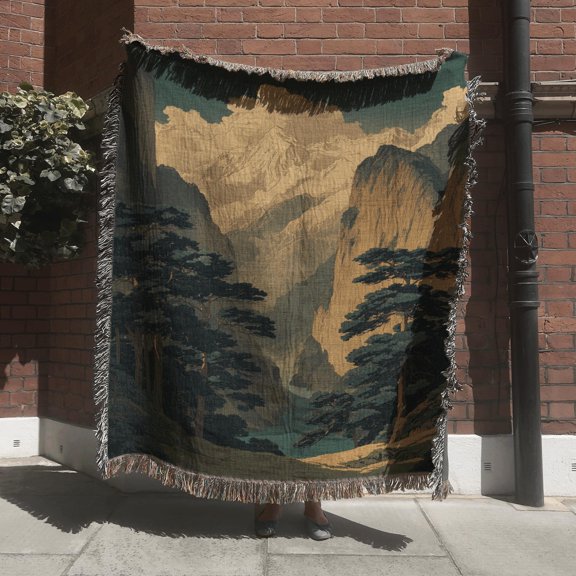 Dark Forest Green and Tan Mountain Valley Pine Trees Woven Throw Blanket, 100% Cotton, Rustic Nature Decor