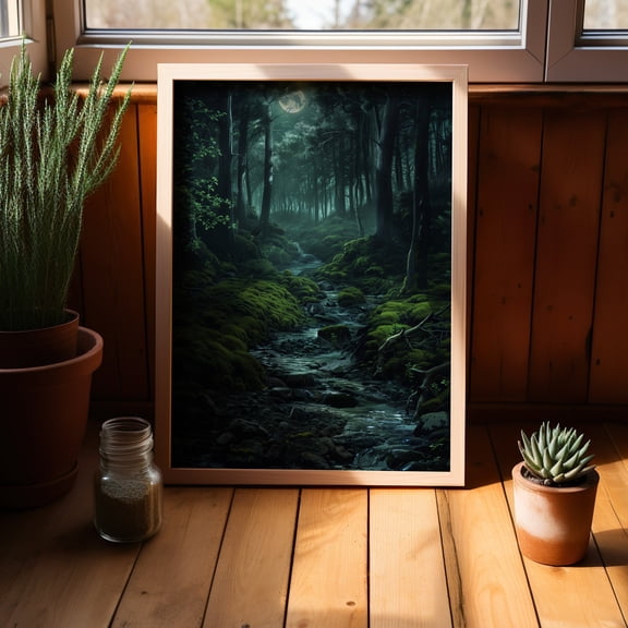Dark Forest Moonlight Poster Moonlight Forest Trail Art Print Modernism Wall Artmoonlight Night Scenery Mystical Forest Decor , Poster Print Only