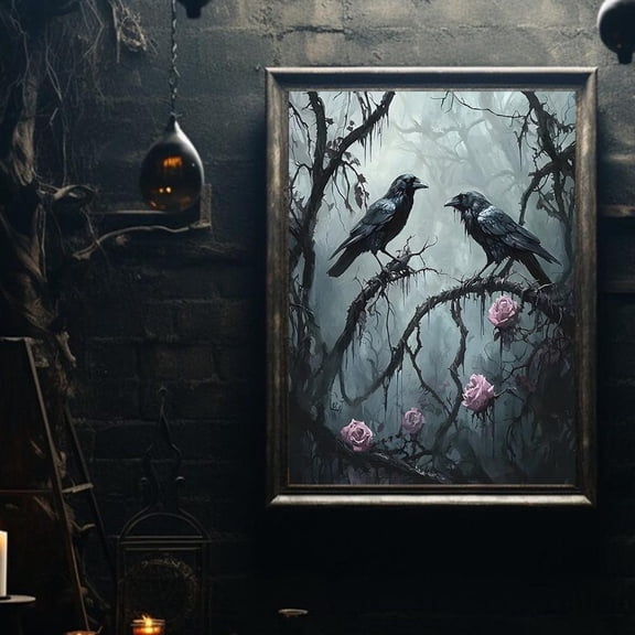 Dark Forest Raven Poster Witchy Crow Art with Pink Roses Unframed Paper Print
