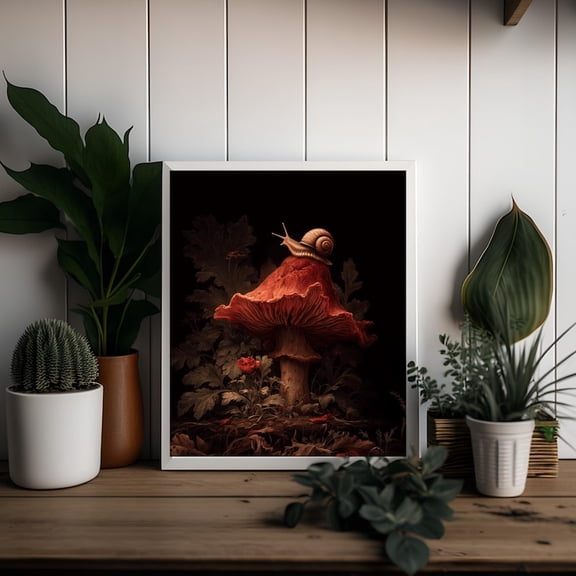 Dark Forest Snail Mushroom Poster Fantasy Nature Wall Art Botanical Decor 12x18 UNFRAMED