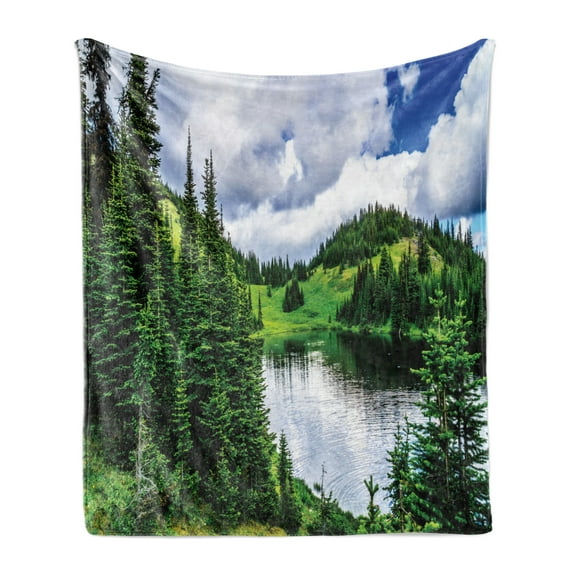 Dark Forest Soft Flannel Fleece Throw Blanket, Clear Sky and Meadow with Trees and Reflection on the Lake Landscape Scene, Cozy Plush for Indoor and Outdoor Use, 70" x 90", Multicolor, by Ambesonne