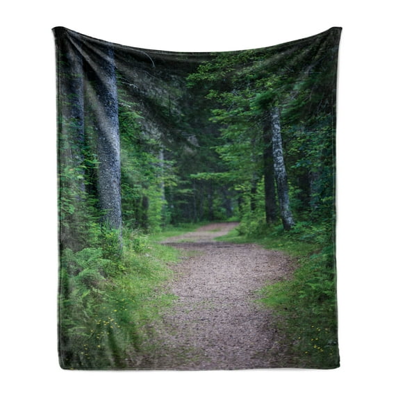 Dark Forest Soft Flannel Fleece Throw Blanket, Photo Taken on a Footpath into the Woods Tall Leafy Trees Adventurous Theme, Cozy Plush for Indoor and Outdoor Use, 50" x 60", Multicolor, by Ambesonne