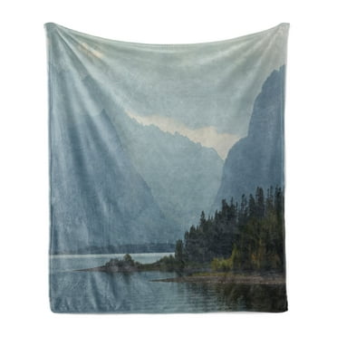 Dark Forest Soft Flannel Fleece Throw Blanket, Shoreline of Jackson Lake Gloomy Weather in the Teton Mountains, Cozy Plush for Indoor and Outdoor Use, 70" x 90", Evergreen and Blue Grey, by Ambesonne