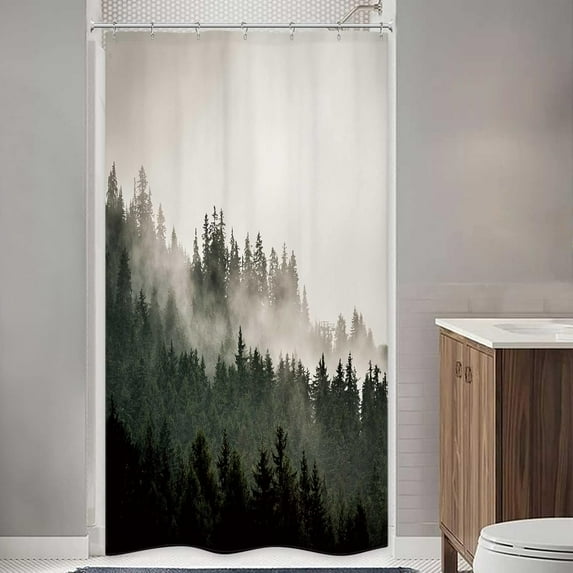 Dark Forest Stall Small Half Size Dorm Shower Curtain 36Wx72H Men Single Narrow Nature Tree Winter Mountain Foggy Woodland RV Bathroom Decor Printed Fabric Polyester Waterproof 7 Pack Hooks