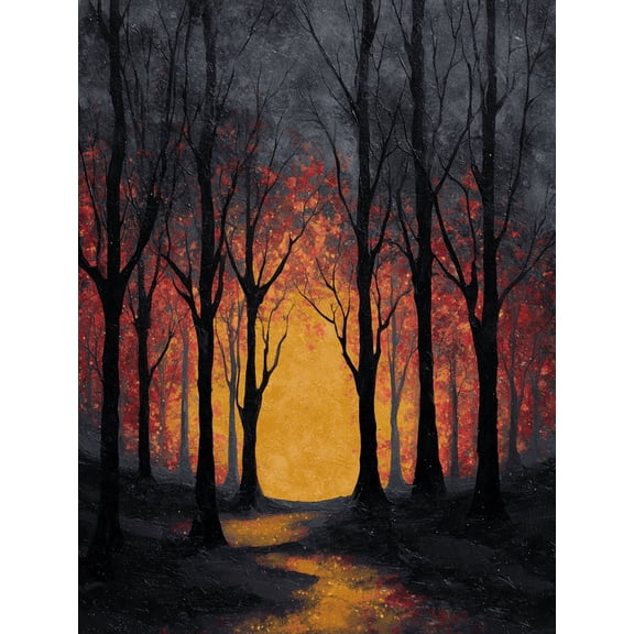 Dark Forest Sunset Canvas Print, Gothic Tree Silhouette Abstract Fall Foliage for Living Room Office Cafe