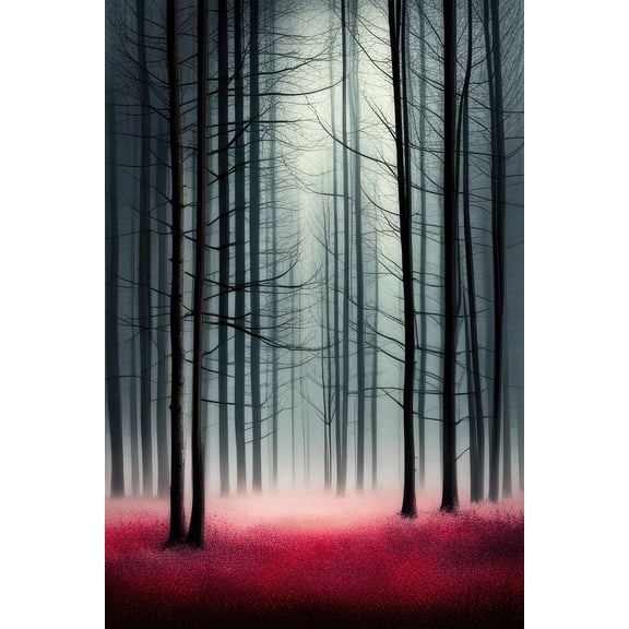 Dark Forest with Red Flowers Digital Painting - 12" x 18" Art Print Wall Decor