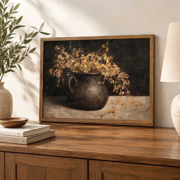Dark Framed 16"L x 12"W 3D Textured Sandstone Floral Still Life Canvas Art Print