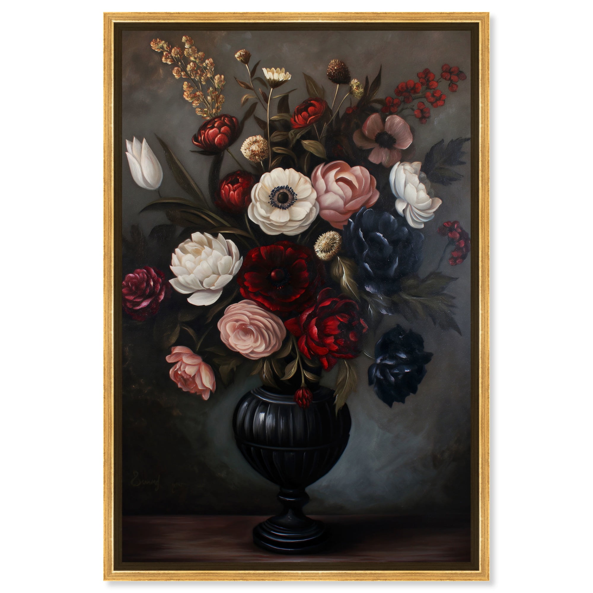 Dark Garden Gothic Floral Art on Canvas with Gold Frame