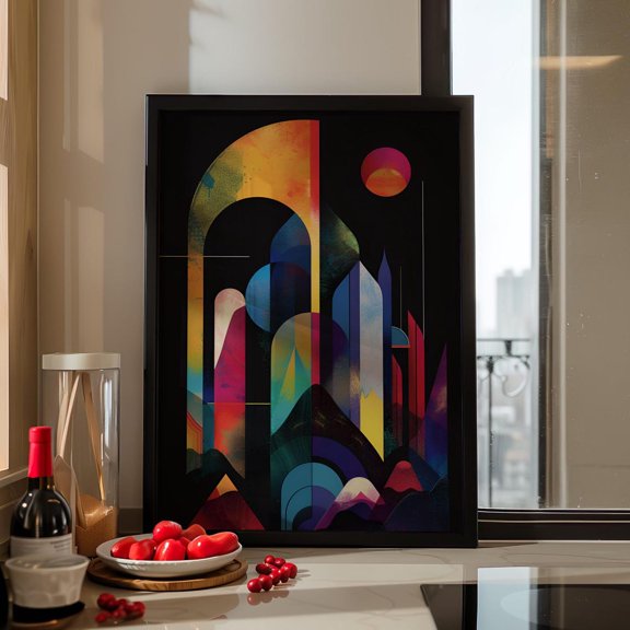 Dark Geometric Valley Wall Art Abstract Mountain Decor, Stretched Canvas Size 12x18