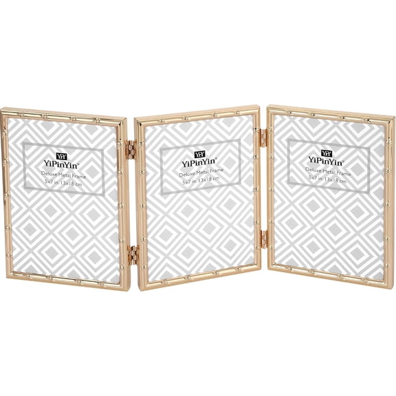 Dark Gold 5x7'' Bamboo Detail Designs Hinged Triple Metal Picture Frame,Elegant Gold Plated Wedding Photo Frames With Soft Touch Velvet Backing for Desktop and Wall Dcor