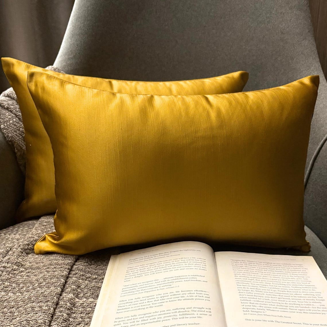 Dark Gold Luxury Lumbar Pillow Cover 12"x14" | Pack of 2 Modern Satin Oblong Pillow Cover Solid | Plain Solid Pillowcases for Bed, Couch & Sofa, Modern Home Décor - Dark Gold Slub Satin