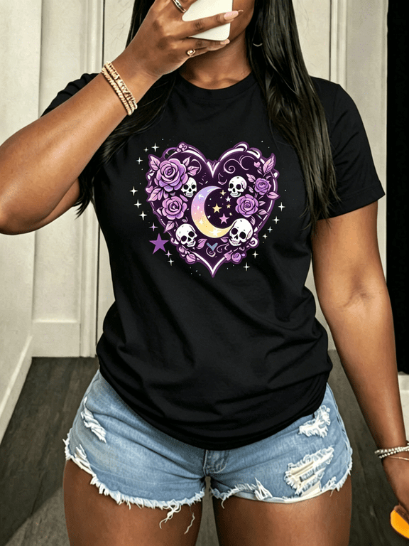 Dark Goth Floral Heart Skull Tshirt, Pastel Purple Rose Crescent Moon Glitter Star Witchy Graphic Short Sleeve Tee, Soft Cotton Halloween Party Outfit Gift for Gothic Lovers