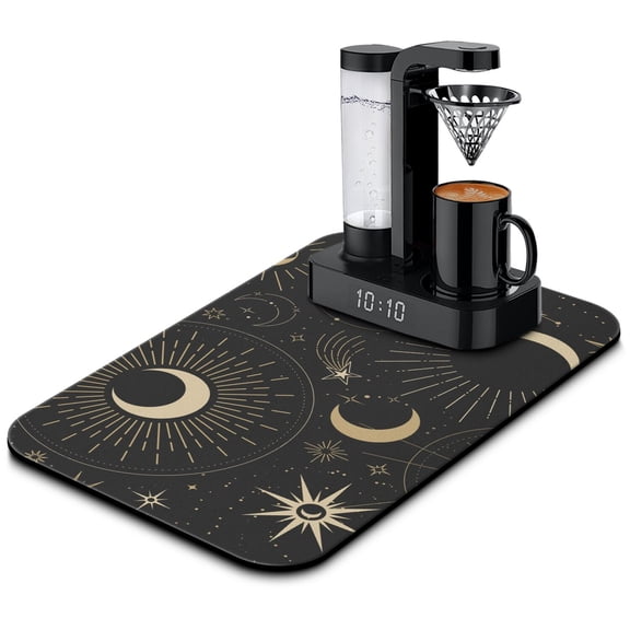 Dark Gothic Coffee Mat, Absorbent Dish Drying Pad with Lunar & Eclipse Patterns, Leak-Proof Non-Slip Kitchen Counter Mat for Coffee Station Protection