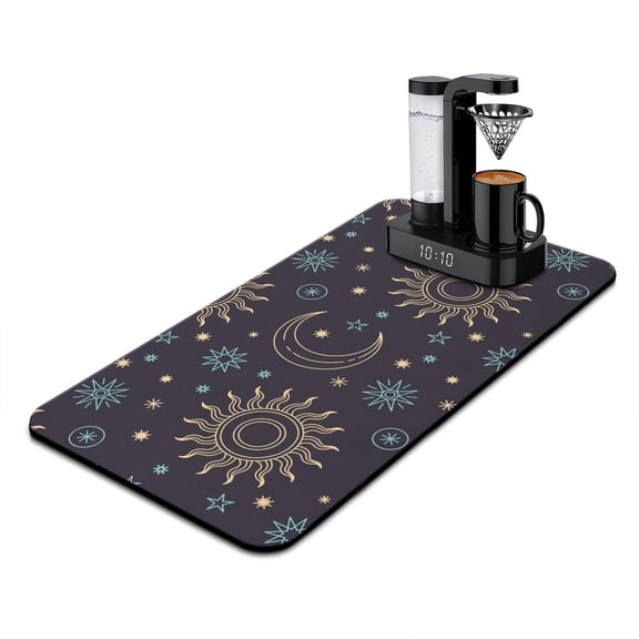 Dark Gothic Coffee Mat, Absorbent Dish Drying Pad with Lunar & Eclipse Patterns, Leak-Proof Non-Slip Kitchen Counter Mat for Coffee Station Protection