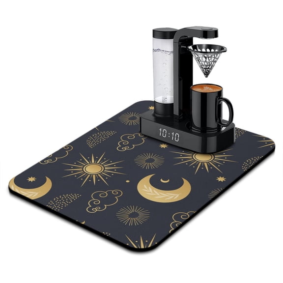 Dark Gothic Coffee Mat, Absorbent Dish Drying Pad with Lunar & Eclipse Patterns, Leak-Proof Non-Slip Kitchen Counter Mat for Coffee Station Protection