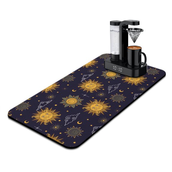 Dark Gothic Coffee Mat, Absorbent Dish Drying Pad with Lunar & Eclipse Patterns, Leak-Proof Non-Slip Kitchen Counter Mat for Coffee Station Protection