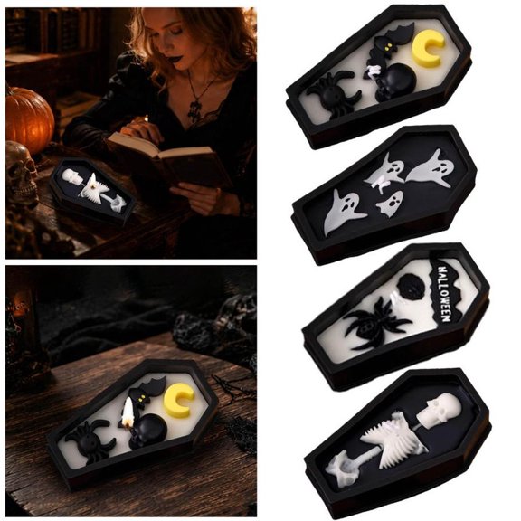 Dark Gothic Coffin Scented Candle 3D Spider Halloween Letter Pattern 6 to 10 Hours Slow Clean Burn Autumn Holiday Tabletop Display Decor Ornament