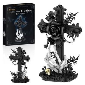 Dark Gothic Cross Black Rose Skeleton Building Set, Adult Collectible Display Model, Halloween Desk Decor Gift, 496Pcs, Lego-Compatible