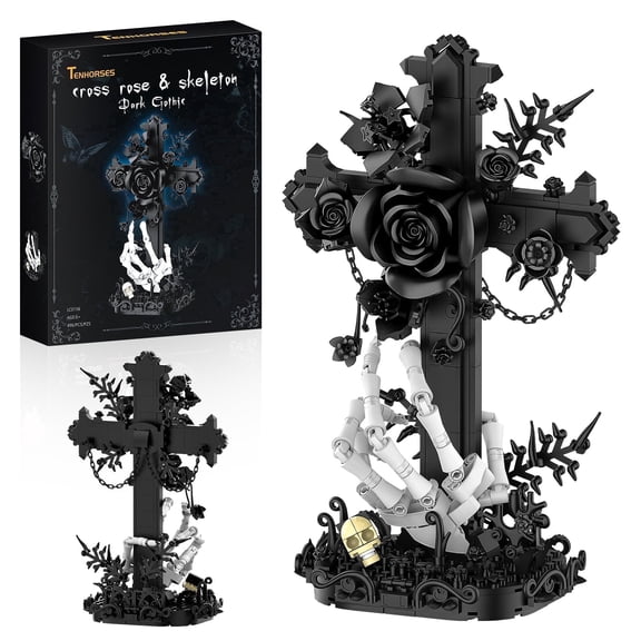 Dark Gothic Cross Black Rose Skeleton Building Set, Adult Collectible Display Model, Halloween Desk Decor Gift, 496Pcs, Lego-Compatible