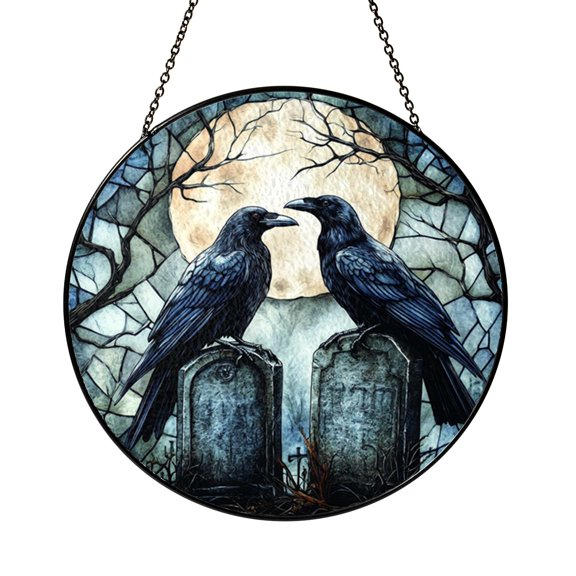 Dark Gothic Crow Landscape Stained Glass Window Hanging, Decorative Glass Style Suncatcher Accent