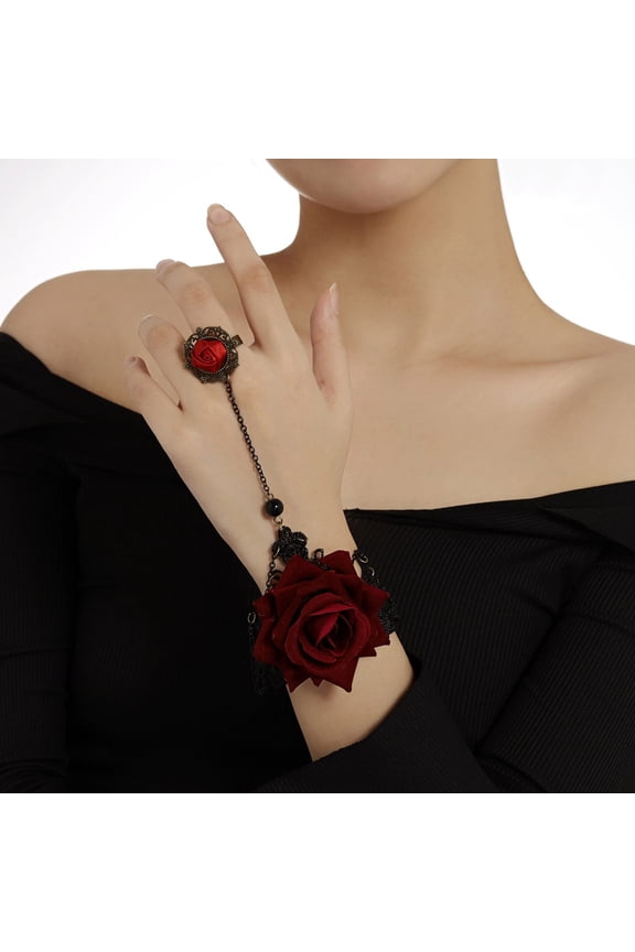 Dark Gothic Lace Rose Finger Bracelet With Metal Chain Retro Floral Handpiece For Party Wear