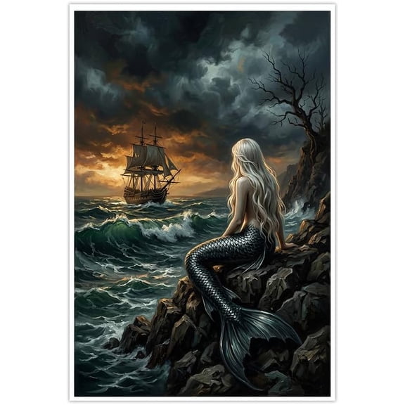 Dark Gothic Mermaid Wall Art Siren Nautical Pirate Ship Ocean Decor Poster