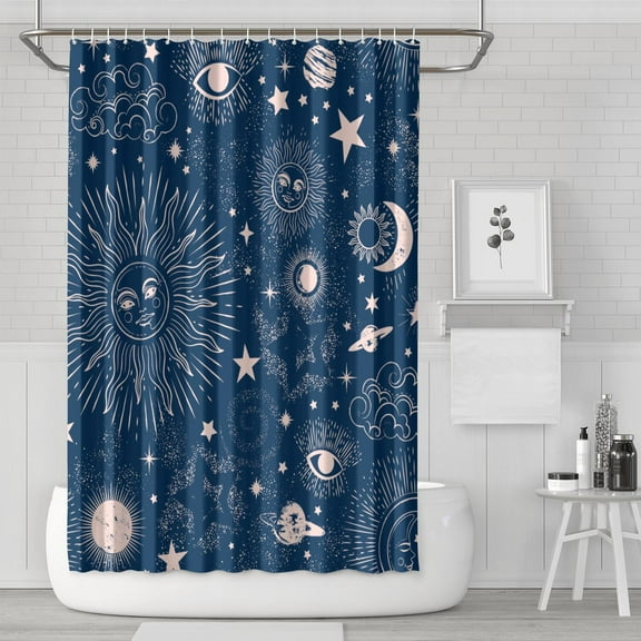 Dark Gothic Moon Sun Starry Shower Curtain for Bathroom, Celestial Cosmic Waterproof Fabric with Mystical Astral Sky Patterns, Machine Washable with Hooks, Ideal for Home or RV Use